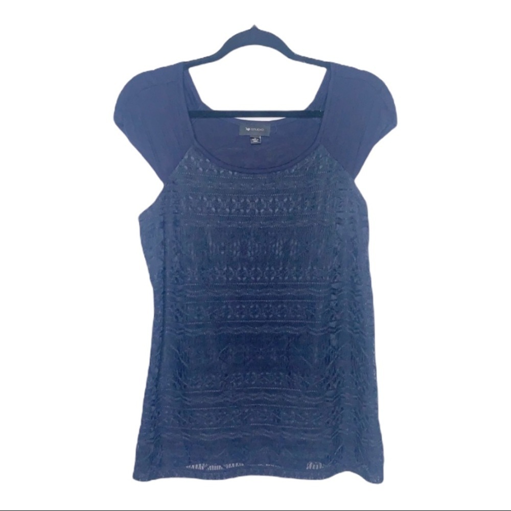 AB STUDIO Navy Lace Front Ruched Cap Sleeve Top